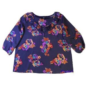 Apostrophe Petites Women's Large Blouse Ruffle Neckline Navy Floral 3/4 Sleeve
